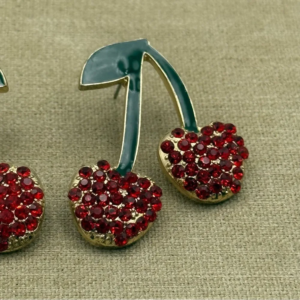 Red Crystal rhinestone Cherry Drop Earrings Women Jewelry